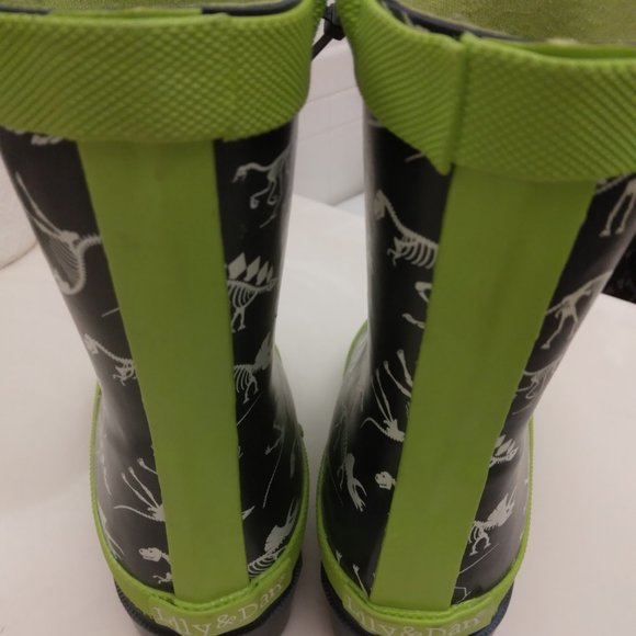 Lily and Dan black and lime green dinosaur fossil rainboots KIDS size 7/8 - Picture 3 of 7